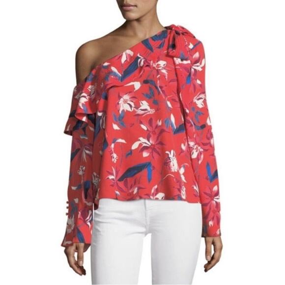 NWOT Tanya Taylor Jules One Shoulder Silk Blouse Papaya Red Floral 6 - Picture 2 of 9